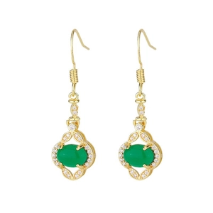Elegant gold drop earrings with oval green stones and white cubic zirconia accents