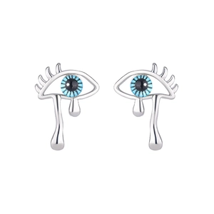 Detailed view of silver evil eye stud earrings with long lashes and teardrop accents