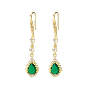 Detailed view of pear-cut green faux tourmaline earrings with micro-pave cubic zirconia