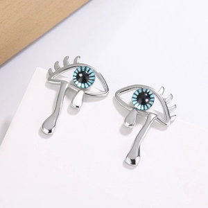 Evil Eye Stud Earrings With Long Eyelashes Blue Iris Teardrop Dangle Copper Jewelry For Women Fashion Retro Style