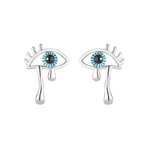 Evil eye tear drop stud earrings in silver finish with blue resin eye detail
