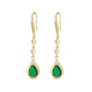 Elegant emerald-style long teardrop earrings with gold plating and cubic zirconia