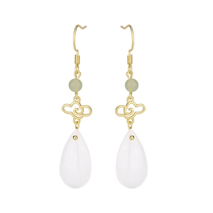 Detail of Chinese cloud pattern earrings with green beads and white teardrop pendants
