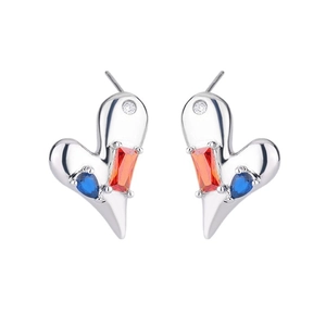 Asymmetric heart stud earrings with colorful zircon stones in silver minimalist style