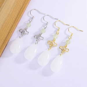 Vintage Chinese Style Drop Earrings Copper Auspicious Cloud Hollow Faux Jade Teardrop Pendant Ethnic Oriental For Women