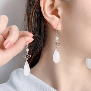 New Chinese style drop earrings with auspicious cloud motifs and white jade teardrop beads