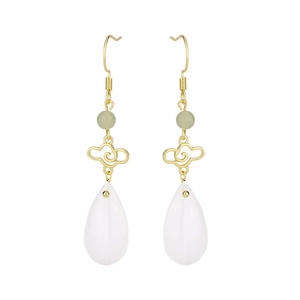 Retro Chinese style earrings with golden clouds and white teardrop stones on white background