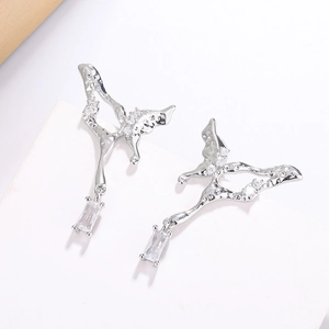 Liquid Metal Butterfly Drop Earrings With Rectangle Clear Zircon Copper Silver Plated Dangle Ear Jewelry For Women Fashion