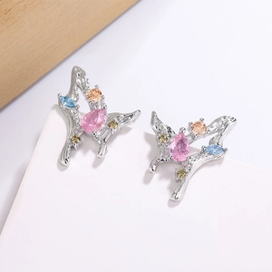 Butterfly Stud Earrings Colorful Zircon Inlaid Copper Metal Irregular Design Fashion Jewelry For Women