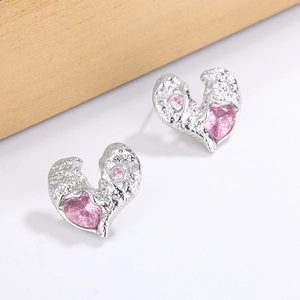 Chic pink heart stud earrings with silver crinkle texture and sparkling zircon stones