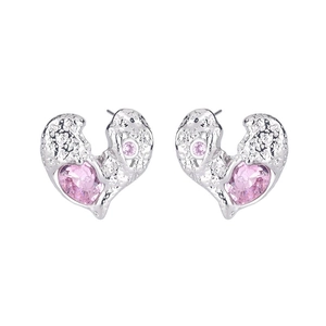 Pink heart zircon earrings with silver lava texture and asymmetric pleated metal finish
