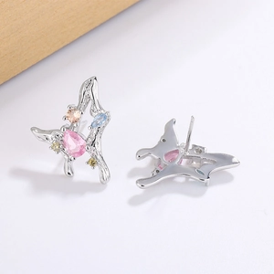 S925 silver butterfly studs with colorful cubic zirconia and pink teardrop stone