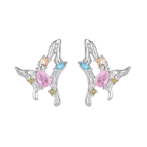 Silver butterfly earrings with colorful pear-cut zircon crystals and fluid metal lines