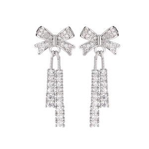 Silver bow tassel earrings with micro-set cubic zirconia for elegant women's fashion