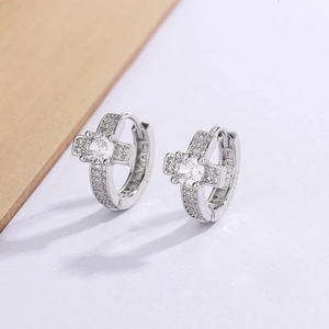 Boucles D'oreilles Créoles Croix Cuivre Plaqué Argent Micro Incrusté Zirconium Hip Hop Bijoux Homme Femme