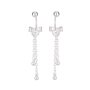 Silver butterfly bow earrings with long tassel chains and round beads on white background