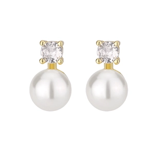 Detailed view of elegant gold stud earrings with white pearl and sparkling zircon stone