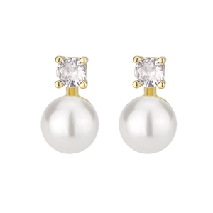 Elegant Korean style gold earrings featuring white pearls and sparkling zircon accents