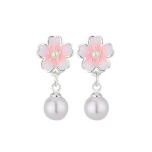 Elegant cherry blossom pearl earrings with pink enamel and s925 silver finish