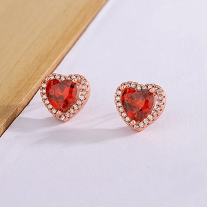 Heart Stud Earrings Rose Gold Plated Copper Red White Cubic Zirconia Minimalist Elegant Sweet Jewelry For Women