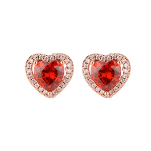 Elegant rose gold heart earrings with red zircon and white crystal halo setting