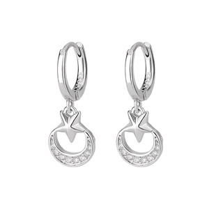 Detail shot of S925 sterling silver stamp on star and moon charm hoop earrings