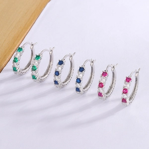 Cubic Zirconia Hoop Earrings With 925 Sterling Silver Earring Post Hollow Geometric Round Colorful Jewelry For Women