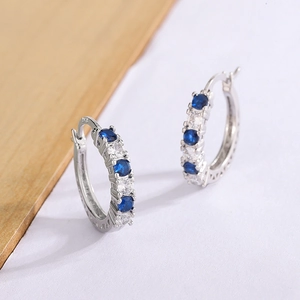 Fashionable S925 sterling silver hoop earrings with blue and clear zircon gemstones