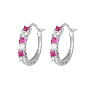 Silver circle hoop earrings with alternating pink and white zircons in a symmetrical view