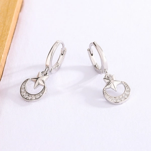 Silver star and moon dangle hoop earrings with S925 hallmark and zircon stones