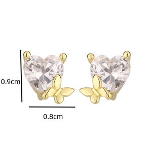 Detailed view of heart-shaped crystal earrings with gold butterfly accent and dimensions