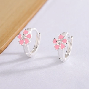 Boucles D'oreilles Huggie Hoop En Argent Sterling 925 Fleur De Cerisier Émail Rose Avec Zircon Style Sakura Pour Femmes
