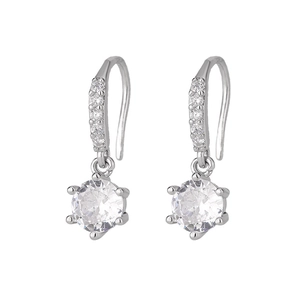 Close-up of silver six-prong drop earrings with brilliant round moissanite and micro-paving