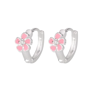 Créoles en argent ornées de fleurs en émail rose avec un zircon brillant au centre
