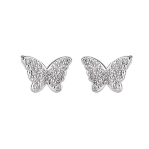 Elegant double butterfly zirconia stud earrings with sparkling pavé wings in silver finish