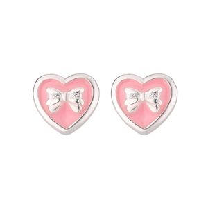 Close-up of pink heart stud earrings with silver bow details on a white background
