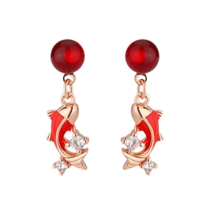 Festive red koi fish drop earrings with translucent beads and rose gold enamel fish