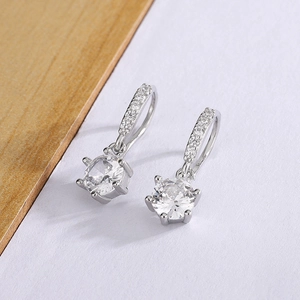 Six-Prong Round Clear Zircon Ear Buckle Earrings Copper Silver Plated Elegant Minimalist Dangle Jewelry For Women