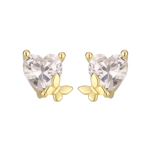 Golden heart-shaped stud earrings with micro-inlaid stones and butterfly details