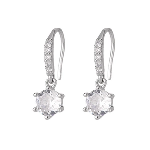 Elegant silver six-prong moissanite earrings with sparkling pavé cubic zirconia details