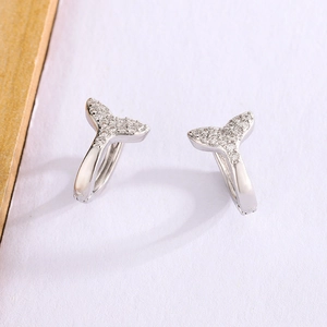Minimalist silver fishtail hoop earrings with white zircon pavé setting for women