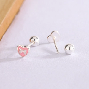 Pink heart stud earrings with silver bows and secure screw back S925 sterling silver