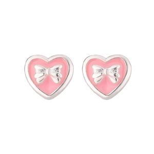 Pink heart-shaped stud earrings with a silver bow detail and polished metallic frame