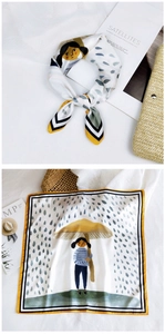 Close-up of knotted silk scarf featuring cartoon girl and yellow mushroom umbrella print
