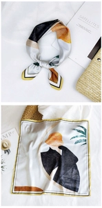 Detail of square silk scarf with fashion illustration print and palm leaf pattern