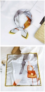 Detailed macro view of satin square silk scarf featuring a stylish handbag illustration print