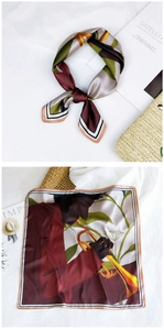 Detail of artistic illustration silk scarf with trumpet pattern and striped borders