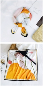 Detail showing elegant silk square scarf with modern lady illustration and satin finish