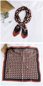 Detail view of retro geometric print satin neck scarf with knotted and flat layout
