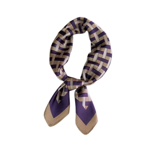 Elegant geometric print square silk scarf for women in purple and khaki tones
